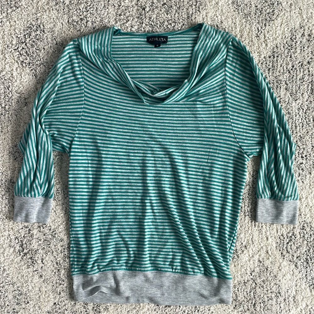Athleta Jersey Knit Cowl Neck Pullover 3/4 Sleeve Size Small Teal Green Gray Y2K